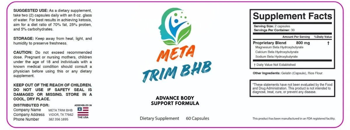 MetaTrim BHB product label with supplement facts and suggested use