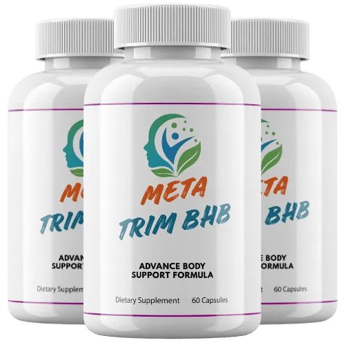 MetaTrim BHB product bottle trio with green botanical styling